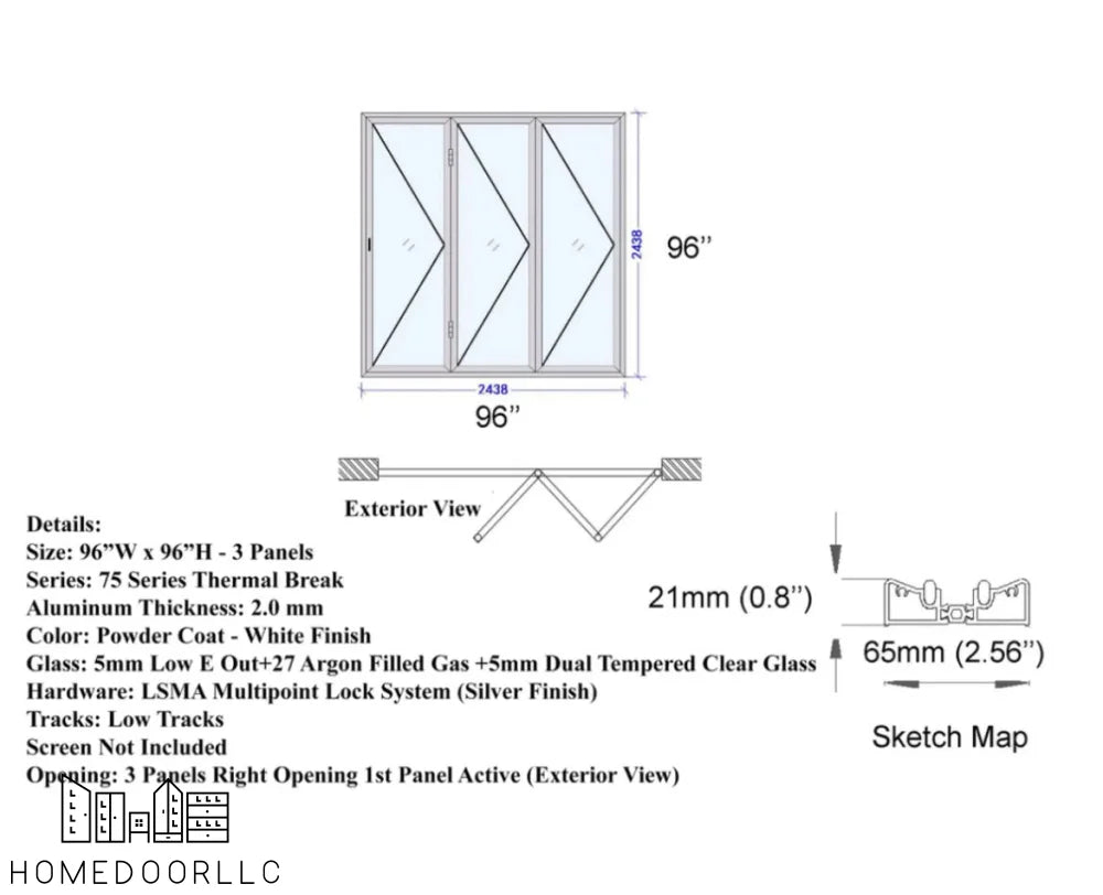 Aluminum Bifold Door 96″Wx96″H – OUT SWING FROM EXTERIOR VIEW Bifold
