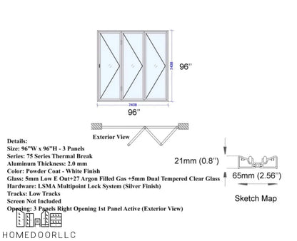 Aluminum Bifold Door 96″Wx96″H – OUT SWING FROM EXTERIOR VIEW Bifold