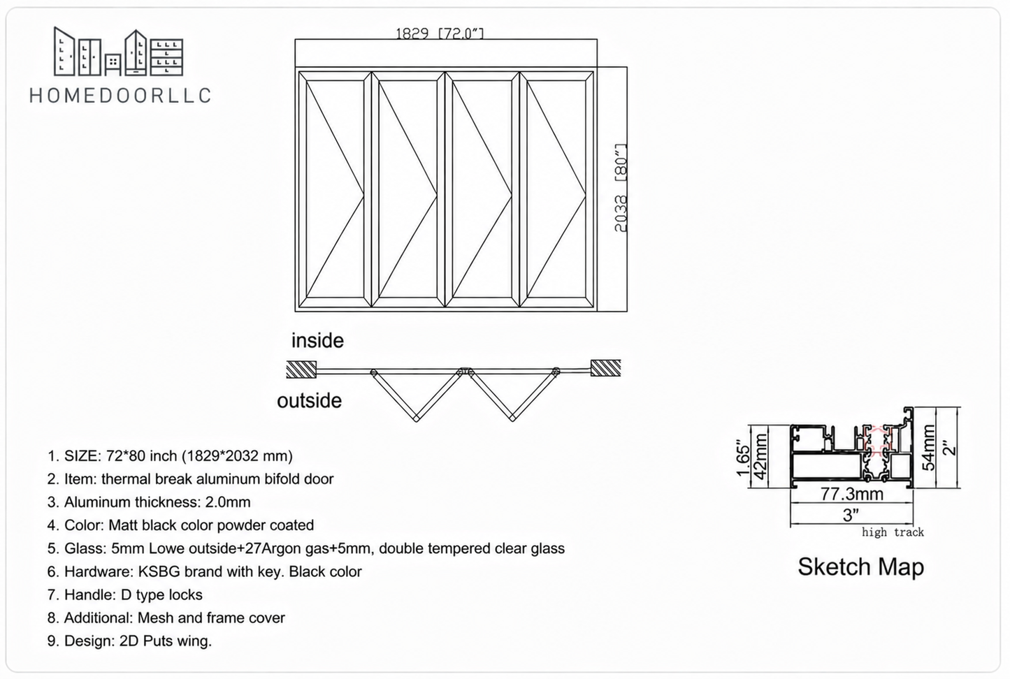 Aluminum Bifold Door 72″Wx80″H – OUT SWING FROM EXTERIOR VIEW