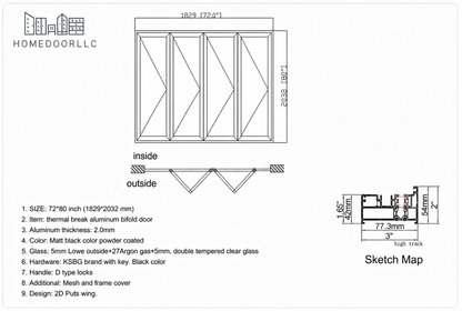 Aluminum Bifold Door 72″Wx80″H – OUT SWING FROM EXTERIOR VIEW