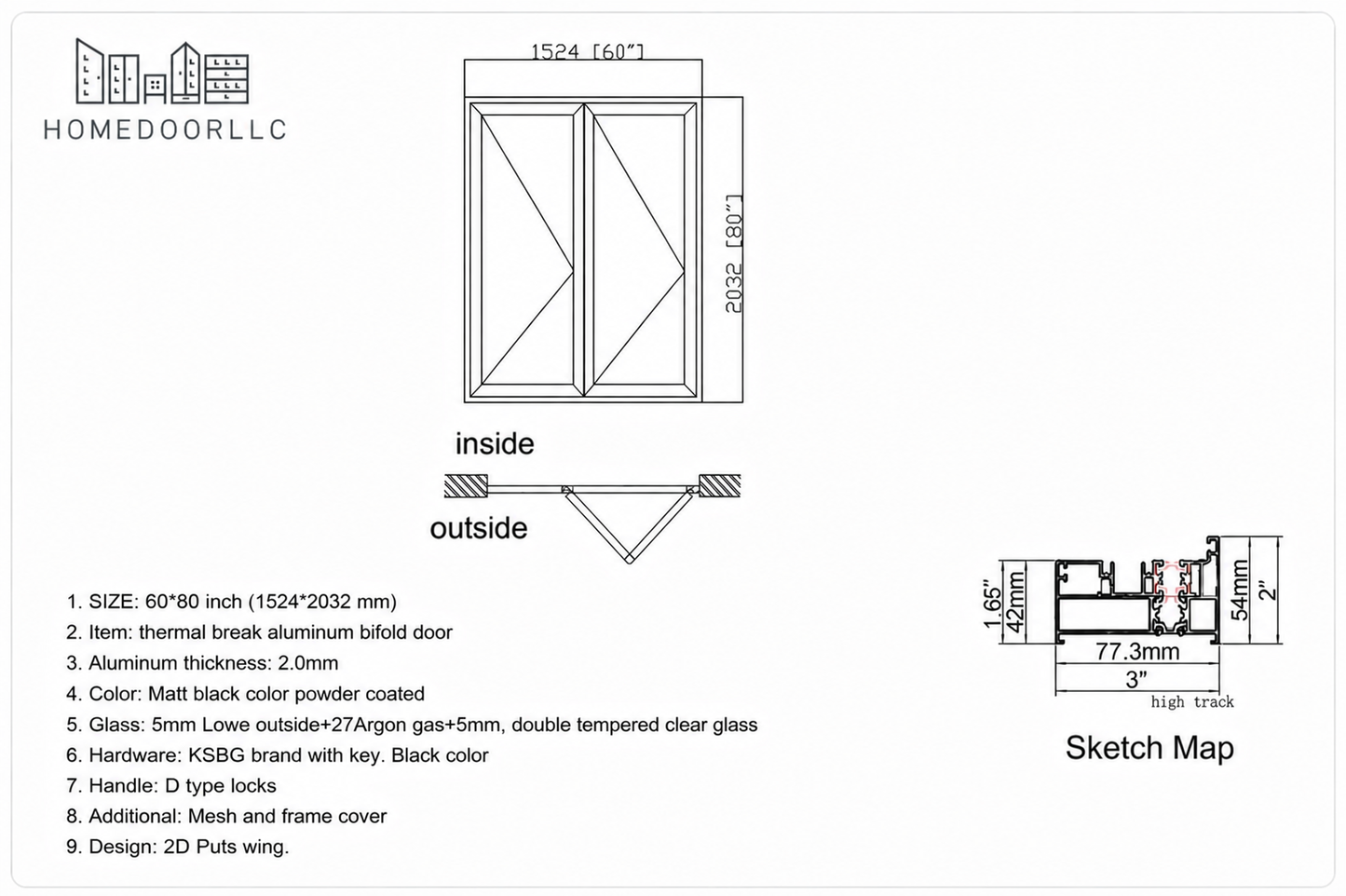 Aluminum Bifold Door 60″Wx80″H – OUT SWING FROM EXTERIOR VIEW