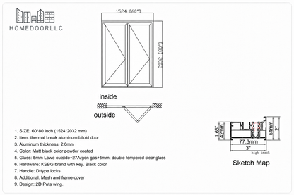 Aluminum Bifold Door 60″Wx80″H – OUT SWING FROM EXTERIOR VIEW